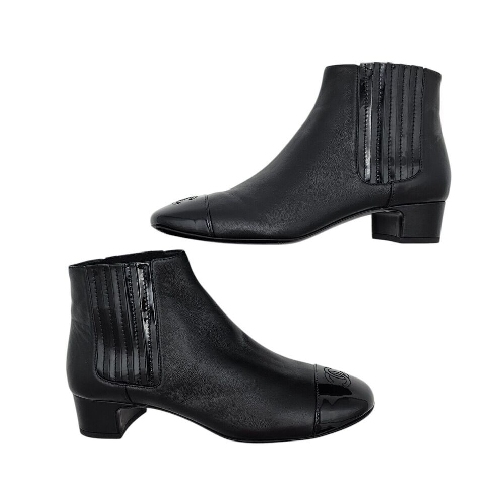 Chanel CC Cap Toe Size 36.5 US 5.5 6 Calfskin Black Leather Ankle Slip On Boots - Picture 5 of 10